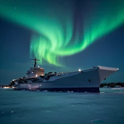 in the night of the northern lights, a huge aircraft carrier is stranded on the ice, by craig mullins