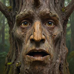 a talking tree, a face in the bark, mouth in the bark, nose made of wood, eyes in the bark, fantasy concept art, digital painting, oil painting, hyperrealistic, beautiful, treebeard, ent, magical, highly detailed, soft lighting, very detailed eyes, artstation, cgsociety, in the forest, by alan lee, by artgerm