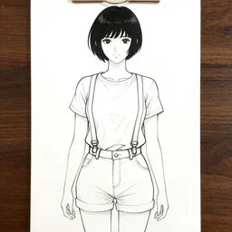 lineart of a woman with black hair pixie cut in shorts with suspenders and white t-shirt drawn by anime, Alexandre Cabanel, norman rockwell, peter paul rubens, caravaggio, frank frazetta, alphonse mucha, gustav klimt 4k, unreal 5, DAZ, french noveau, trending on artstation, octane render, hyperrealistic
