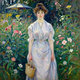 vintage beautiful painting of a beautiful woman having a 🏕 in a 🌺💐 land full of overgrown plants in Mary Cassatt style