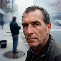 closeup portrait of a fisherman fishing next to a manhole in a smoky new york street, by Annie Leibovitz and Steve McCurry, natural light, detailed face, CANON Eos C300, ƒ1.8, 35mm, 8K, medium-format print