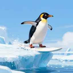 penguin surfing on a big eave using an ice floe as surfboard, trending on artstation