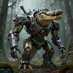 a huge biomechanical robot crocodile in full growth in the taiga, octane render, 3 d, unreal engine, scifi character portrait by esuthio, craig mullins, cinematic lighting, dystopian scifi gear, gloomy, mechanical, implants, steampunk