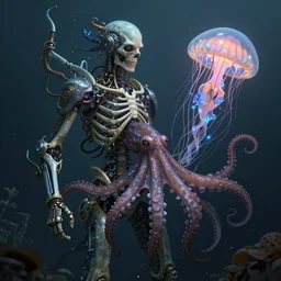 underwater photography of a biopunk human skeleton in symbiosis with an octopus and a jellyfish, intricate and ornate alien technology, bioluminescence, bloom, dim rim lighting, by victor grasso and scott musgrove, and h. r. giger and tooth wu, digital illustration, cg society