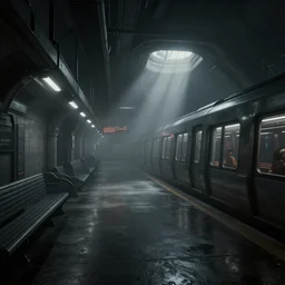 Futuristic subway station , gloomy and foggy atmosphere, octane render, artstation trending, horror scene, highly detailded