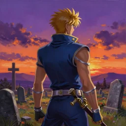 painting of siegfried from soulcalibur!!!!!, watching a purple and orange sunset!!, from the black mage cemetery!!!, in the style of justin gerard!!!!