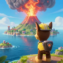 movie poster paw patrol : jason from paw patrol is watching a giant volcano erruption on an island across the sea, trending on artstation, intricate detail, very sharp, vibrant colors, depth of field