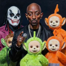 beautiful lifelike painting of mf doom performing with slipknot and the teletubbies, hyperreal detailed facial features and uv lighting, art by ed roth and basil wolverton
