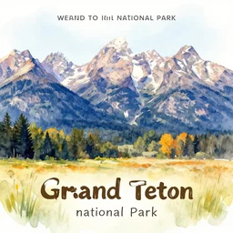 welcome to grand teton national park! vibrant tourist poster, minimalism, tourism, rich color palate, watercolors, trending on artstation
