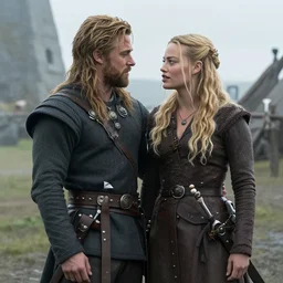 still of ryan gosling and margot robbie, in a viking movie ( 1 9 8 6 )