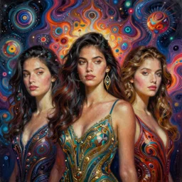 fantastic attractive beautiful spanish women into ultra high resolution psychedelic hyperspace, infinity variations of colours mass, mid shot, mark maggiori, bao phan, jeff dekal, jeff simpson, intricate details, hyperrealistic oil painting on canvas, deep depth field, hd, hdr, 4 k, 8 k
