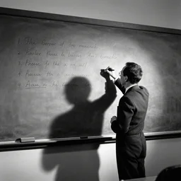 Mickey Mouse writing a proof on a board during a confernce, black and white photography, archives de l'IHES