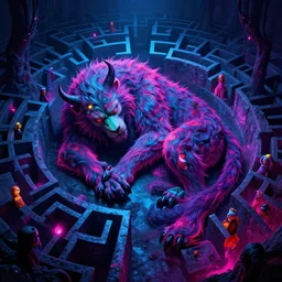 mystical fierce sleeping beast in dark spooky labyrinth, highly detailed, bright neon colors, synthwave, cinematic, michael whelan, jim burns, bruce pennington, vladimir kush, chris foss, alfred kelsner, kubrick, bob eggleton, boris vallejo, lisa frank