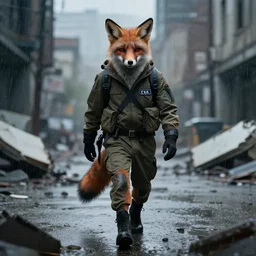 cinematic shot of a humanoid fox double agent for the cia walking through a decimated city. realistic. rainy. dramatic lighting.