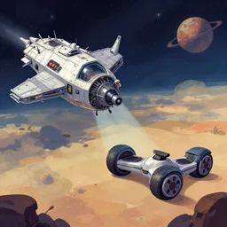 a hover bike next to a crashed spacecraft, on an alien planet, from a space themed point and click 2 d graphic adventure game, art inspired by thomas kinkade