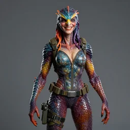 a portrait photograph of a smiling sadie sink as a colorful harpy super hero with mutated slimy wet scaled skin. she is trying on a tactical catsuit and transforming into a amphibian slick fish. by tom bagshaw, donato giancola, hans holbein, walton ford, gaston bussiere, peter mohrbacher and brian froud. 8 k, cgsociety