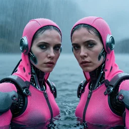 cinestill 5 0 d candid photographic portrait by bruce davidson of two cyborgs wearing rugged neon pink mesh techwear in treacherous waters, extreme closeup, modern cyberpunk moody depressing cinematic, pouring rain, 8 k, hd, high resolution, 3 5 mm, f / 3 2, ultra realistic faces, ex machina