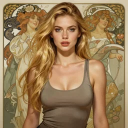 a gorgeous woman with long light-blonde hair wearing a low cut tanktop, highly detailed, digital painting, artstation, concept art, sharp focus, illustration, art by artgerm and alphonse mucha