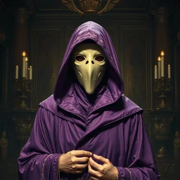 wide shot, acolyte sorcerer, in a purple magician robe, with a mask, alone in her mansion, head and torso portrait by karol bak and johan grenier