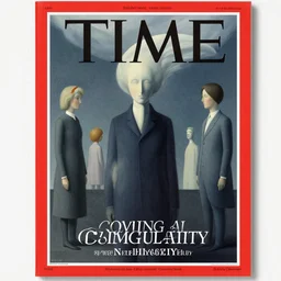 TIME magazine cover, the coming AI singularity, by Rene Magritte and Sandra Chevrier