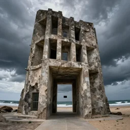 a super natural gateway at a beautiful, surreal, and mysterious brutalist monument at the ocean under the stormy sky. gopro