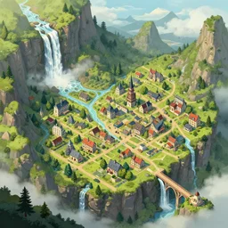 Isometric map, rural town. Town carved into the mountainside, next to a majestic waterfall. highlight unusual architecture and bridges that hang over the town's pervasive streams and cliffs. a fantasy digital painting by Greg Rutkowski and James Gurney, trending on Artstation, highly detailed