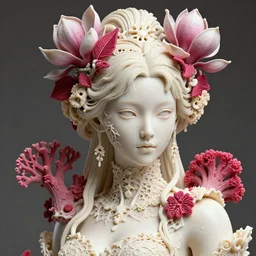 hyperdetailed ultra sharp 3 d render of a beautiful sweet porcelain ivory fair woman medium fine shot portrait, close - up, ef 8 5 mm f 1. 8 usm, bionic scifi alexandre ferra cyberpunk, huge fractal mycelum and fungi filigree vanilla lace, rasberry red haute couture sponge corals, magnolia goliath head ornaments, embroidered leaves sinuous roots, octane render, volumetric cinematic lighting, 8 k, vray tracing, no dof, no blur