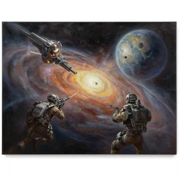 photo of an intergalactic space battle by john berkey, realistic matte painting, oil painting