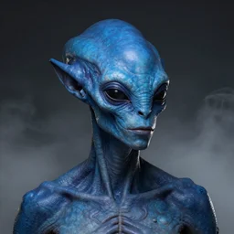Hyper realistic portrait of a Blue alien, Dark Studio Lighting, fog, by Emil Melmoth, Trending on Artstation, 8k