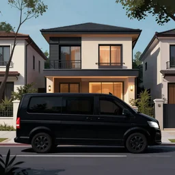 a windowless black van parked on the street in front of an expensive modern house in a nice neighborhood, dramatic lighting, illustration by Greg rutkowski, yoji shinkawa, 4k, digital art, concept art, trending on artstation