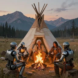 an old native american and some cyborgs roboters sitting together at a fire in front of one tipi, beatiful mountain background, cyberpunk, tech wear, by albert bierstadt, by greg rutkowski, highly detailed, warm lightning, digital painting