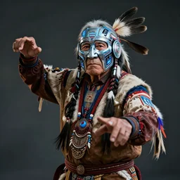 1 9 0 0 s photograph of beautiful portrait of a native american elder with futuristic cybernetic glowing war face paint, dynamic pose, sci - fi, cyberpunk by ruan jia, jules bastien - lepage, 8 k