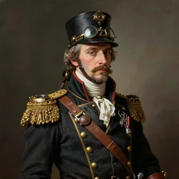 a portrait of Emperor Franz Josef as a steampunk captain, art by by Joseph Karl Stieler and Théodore Gericault and Eugène Delacroix, highly detailed, trending on wikiart