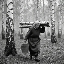 a movie still by tarkovsky of an elder woman carrying wood bucket in a birch forest, cinestill 8 0 0 t 3 5 mm b & w, heavy grain, high quality, noir, natural textures, photorealistic, natural textures, ambient occlusion, hd, fog, criterion collection