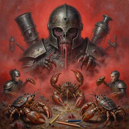 fine art oil painting pencils varied muck jeweled, filthy rugated armored crustaceans clawing & terrified as massive brutalist pickelhaub helmet structures, claustrophobic cilia sporing pox, final battle failure, red mustard gas fog, by alex nino by francesco blanc, geof darrow, bisley, b wolverton & by jack gaughan high resolution
