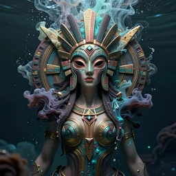 a centered full body render of an alluring goddess wearing a tribal mask surrounded by a underwater ink pour and flowing liquid galiumand sacread geometry, perfect face, powerful, cinematic, beautifully lit, by artgerm, by karol bak, by viktoria gavrilenko, 3 d, trending on artstation, octane render, 8 k