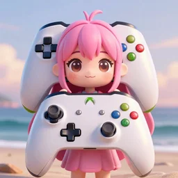 Render of a beautiful 3d anime Xbox controller, long pink hair, hazel eyes, cute freckles, full round face, soft smile, cute sundress, golden hour, serene beach setting, medium shot, mid-shot, hyperdetailed, trending on Artstation, Unreal Engine 4k