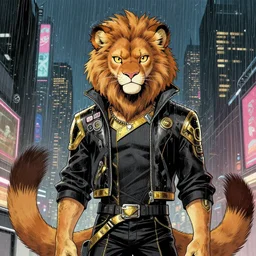 award winning beautiful portrait commission of a male furry anthro mountain lion fursona with a tail and a cute beautiful attractive detailed furry face wearing stylish black and gold cyberpunk clothes in a cyberpunk city at night while it rains. Character design by charlie bowater, ross tran, artgerm, and makoto shinkai, detailed, inked, western comic book art