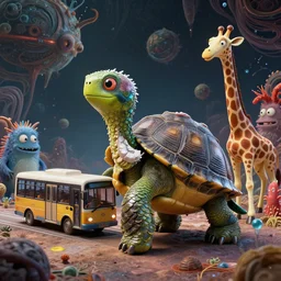 a strange bird turtle giraffe rik mayal chimera creature with scales and feathers waiting for the bus with other monsters, on an alien planet, platonic forms, in the style of shaun tan, sam shearon, dr seuss, leng jun, close up, glossy, beautiful, fantastic, wonderful, science fiction, dramatic lighting, high contrast, fractal background, 3 d sculpture 8 k octane render