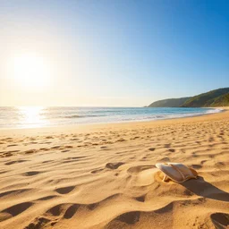very relaxing wide shot of morning sunshine at sand magical beach, realistic render, vivid colors