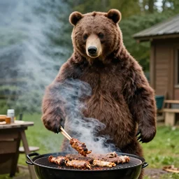 film still of bear grylls in a bear costume cooking a grill