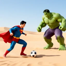 supermen and hulk playing soccer together at desert