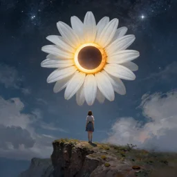 giant white daisy flower on head, girl on cliff, surreal photography, solar eclipse, milky way, dramatic light, impressionist painting, clouds, digital painting, artstation, james gilleard, liam wong, jeremy mann, simon stalenhag