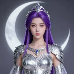 portrait of young prophetess of the moon, silver filigree armor and tiara, purple hair, translucent skin, beautiful! coherent! by brom, by junji ito, strong line, high contrast, muted color