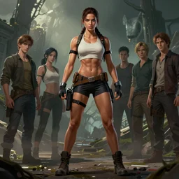 female bodybuilder lara croft, extremely detailed, sharp focus, wide view, full body shot, smooth, digital illustration, by james jean, by rossdraws, frank franzzeta, mcbess, sakimichan, brosmin, danton fadeev, steve simpson, alfred hitchcock mood, wes craven vibes