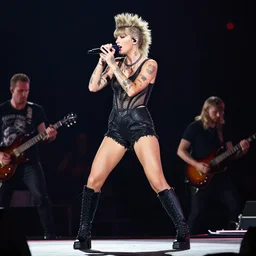 full body shot of taylor swift with a mohawk hairstyle and lots of tattoos performing on stage in a metal band