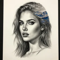 realistic tattoo sketch of a beautiful woman face double exposure with a mountain scenery, in the style of matteo pasqualin, amazing detail
