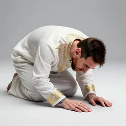 lionel messi wearing islamic clothes, doing sujood, d & d, fantasy, intricate, elegant, highly detailed, digital painting, artstation, concept art, matte, sharp focus, illustration, art by artgerm and greg rutkowski and alphonse mucha