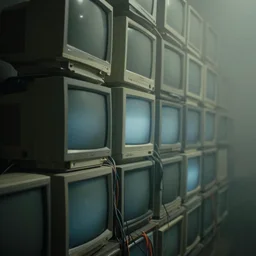 terry gilliam movie shot, a wall of old crt computer monitors and cables, highly detailed, moody, atmospheric, heavy fog, telephoto lens, trending on artstation