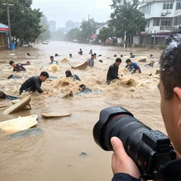 a catastrophic flood with hundreds of people being swept away crashing into floating debris, reporter, live footage, 3 5 mm lens, rainy day, droplets on lens